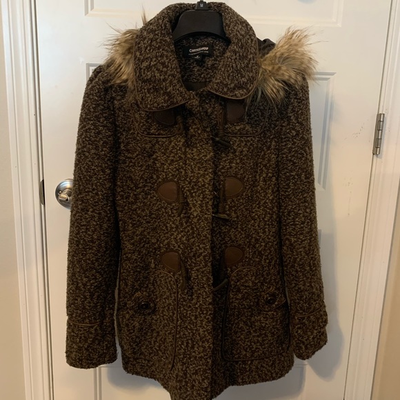 Brown tweed coat with removable faux fur hood - Picture 2 of 10